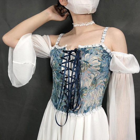 Autumn And Winter Women's French Retro Oil Painting Jacquard Embroidery Camisole Fishbone Shapewear Lace Lace-Up Corset