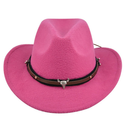 New European and American Cowhead Western Denim Hat Woolen British Jazz Hat Mens and Womens Famous Ethnic Style Big Eaves Hat