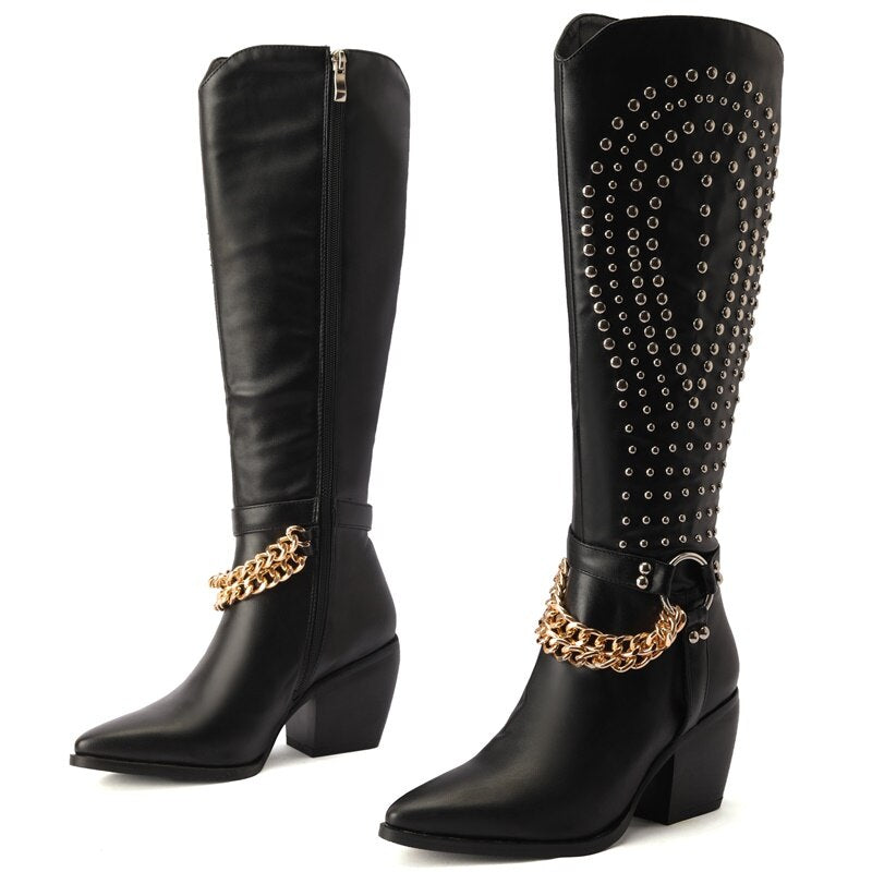 Pointy Toe Motorcycle Boots with Metal Rivets