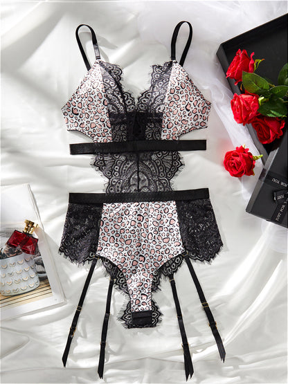 Lace patchwork leopard print fabric low cut without steel ring sexy lingerie for women