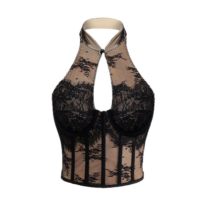 Sexy Lace Chinese Cheongsam Style Halter Button Fitted Corset Backless Hollow Out Crop Top