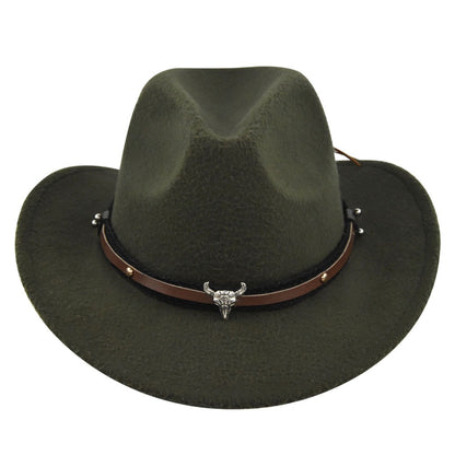 New European and American Cowhead Western Denim Hat Woolen British Jazz Hat Mens and Womens Famous Ethnic Style Big Eaves Hat