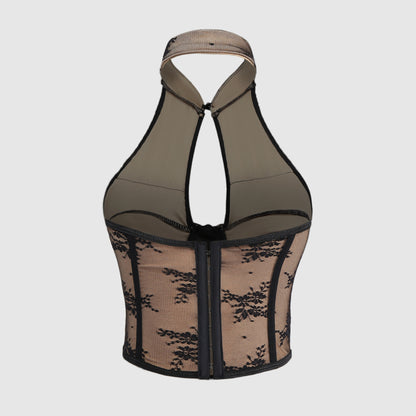 Sexy Lace Chinese Cheongsam Style Halter Button Fitted Corset Backless Hollow Out Crop Top