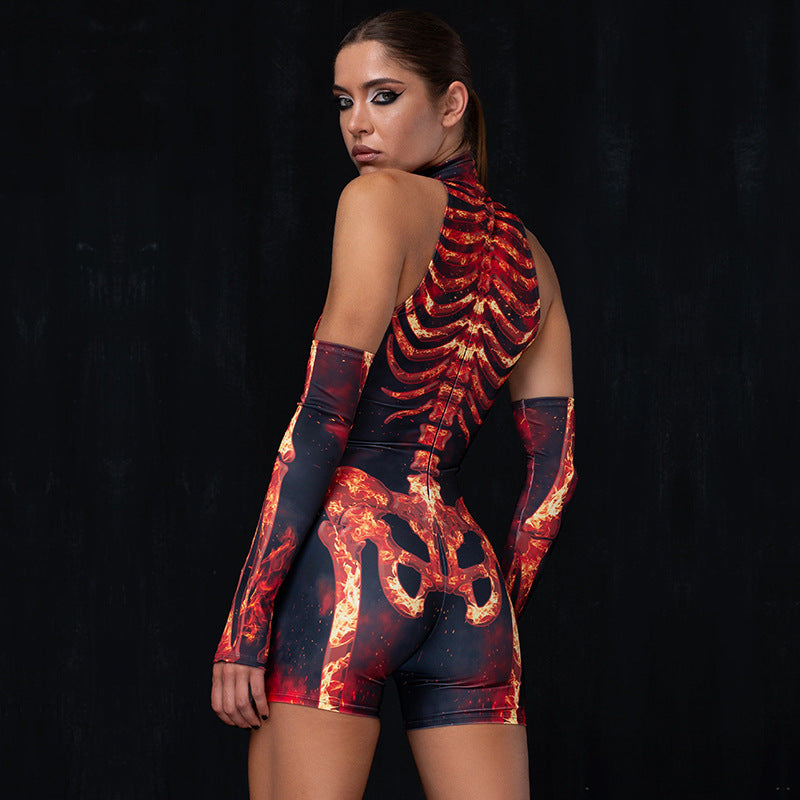 High neck  skull print hollowed out jumpsuit