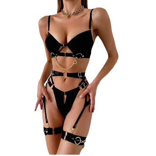 Sexy  Metal Chain Motorcycle Accessories Complex Craft Front Button Erotic Underwear Four-Piece Set