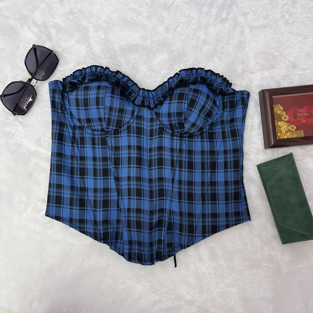 Fishbone corset plaid printed strapless vest