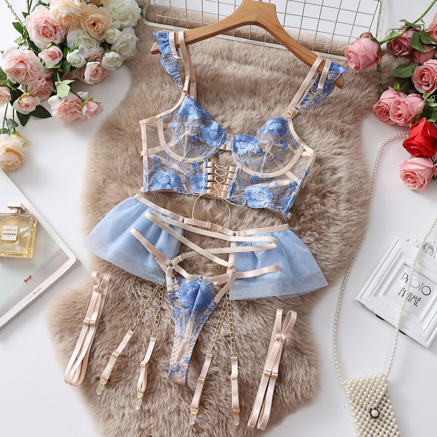 Blue Dreams Three-Piece Lingerie Set