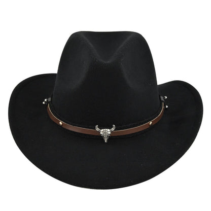 New European and American Cowhead Western Denim Hat Woolen British Jazz Hat Mens and Womens Famous Ethnic Style Big Eaves Hat