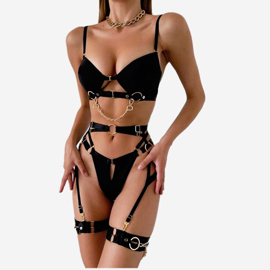 Sexy  Metal Chain Motorcycle Accessories Complex Craft Front Button Erotic Underwear Four-Piece Set
