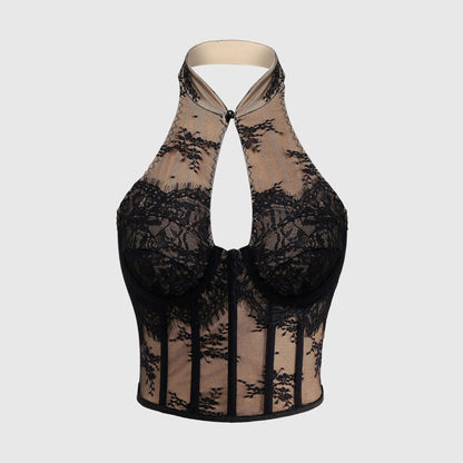 Sexy Lace Chinese Cheongsam Style Halter Button Fitted Corset Backless Hollow Out Crop Top