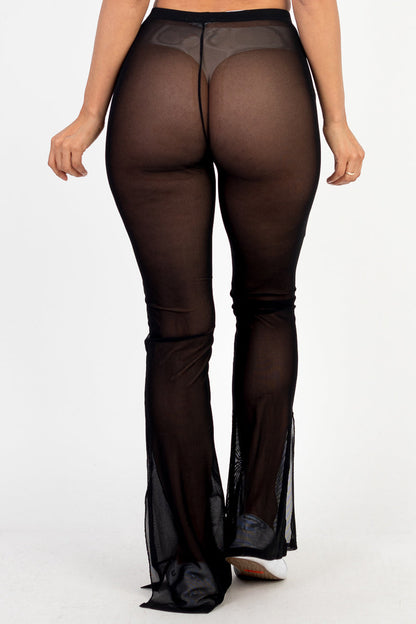 Nylon Mesh Side Slit High Waist Flared Pants (CAPELLA)-3