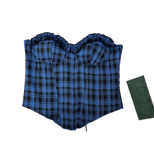 Fishbone corset plaid printed strapless vest