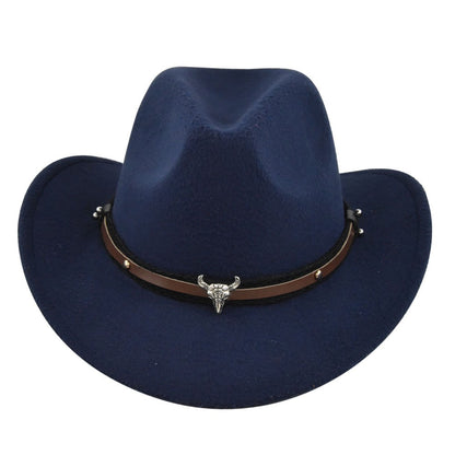New European and American Cowhead Western Denim Hat Woolen British Jazz Hat Mens and Womens Famous Ethnic Style Big Eaves Hat