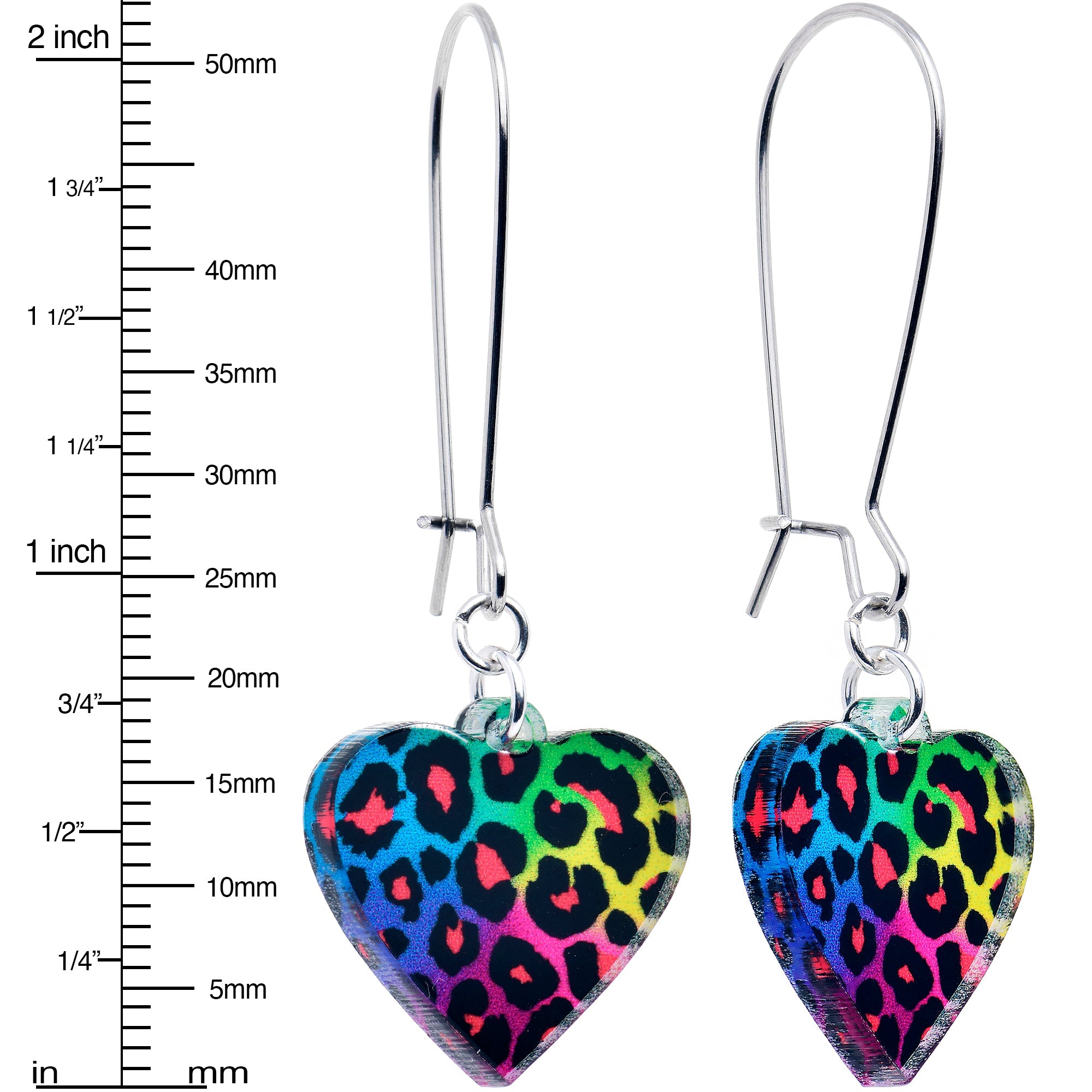 Acrylicious Rainbow Cheetah Print Heart Dangle Earrings by Onyx O