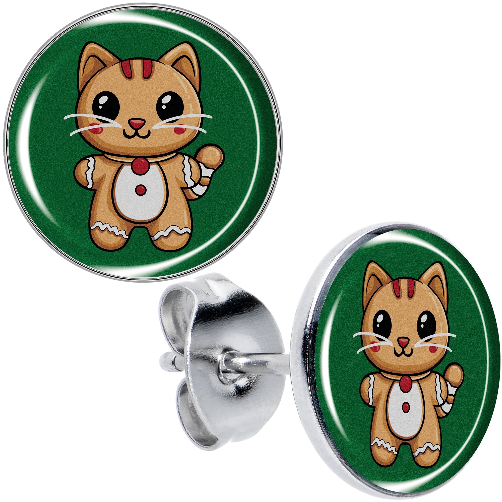 Christmas Holiday Gingerbrread Kitty Cat Stud Earrings by Onyx O
