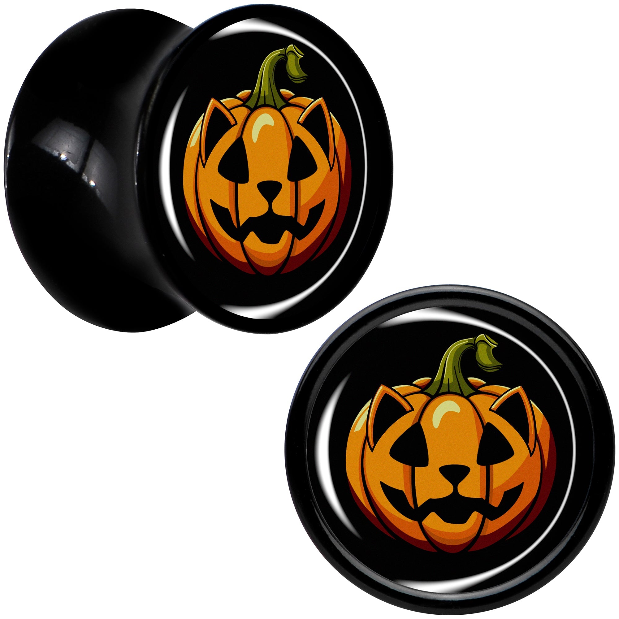 Orange Pumpkin Cat Jack-O-Lantern Black Acrylic Saddle Plug Set by Onyx O