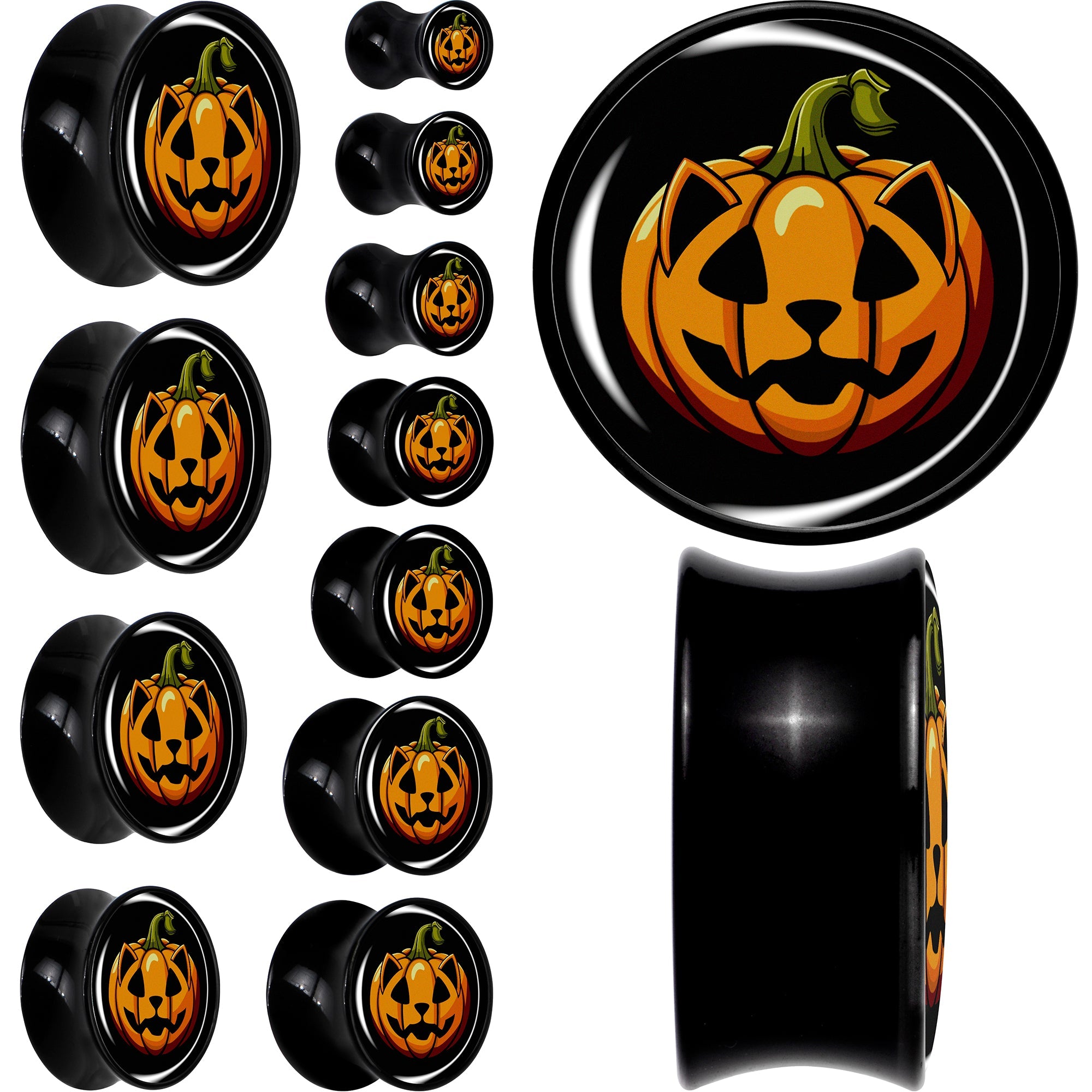 Orange Pumpkin Cat Jack-O-Lantern Black Acrylic Saddle Plug Set by Onyx O
