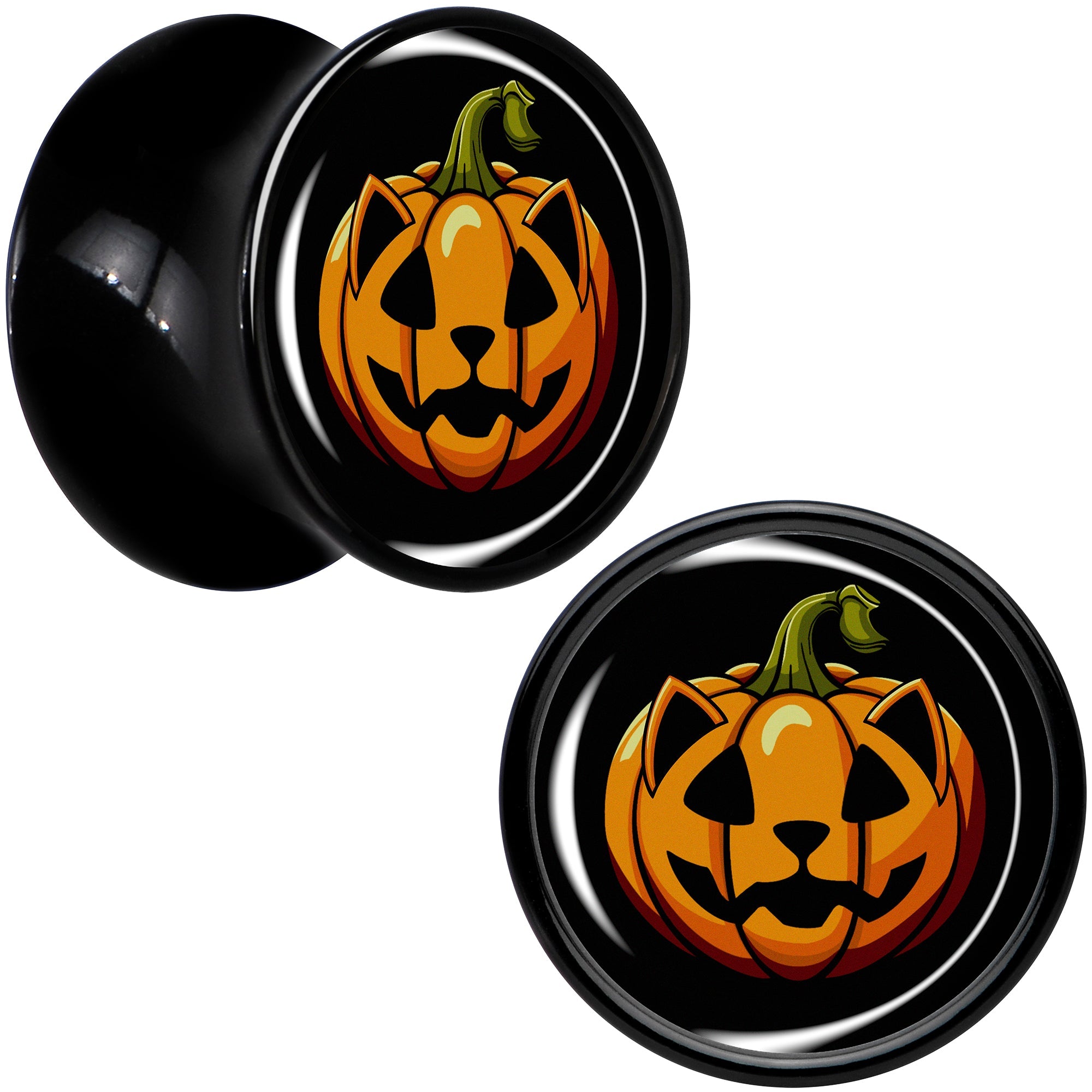 Orange Pumpkin Cat Jack-O-Lantern Black Acrylic Saddle Plug Set by Onyx O
