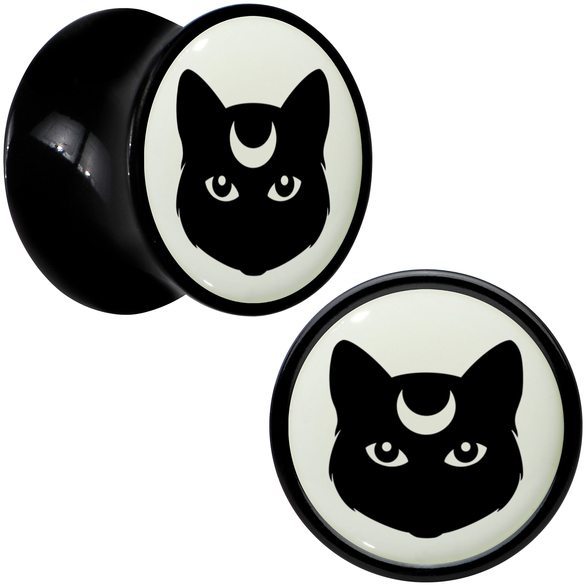Glow in the Dark Mystic Kitty Cat Black Acrylic Saddle Plug Set by Onyx O