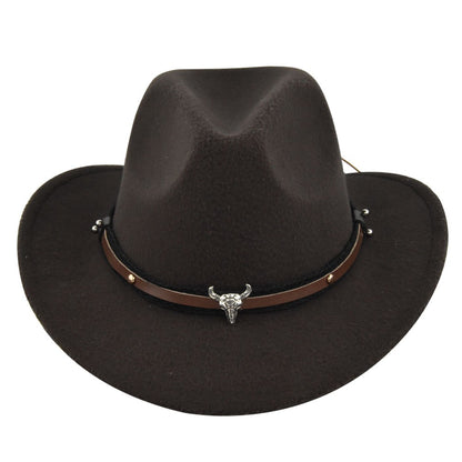 New European and American Cowhead Western Denim Hat Woolen British Jazz Hat Mens and Womens Famous Ethnic Style Big Eaves Hat