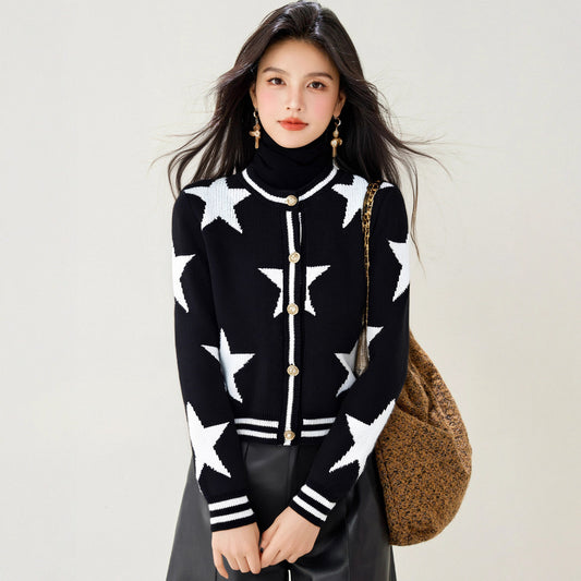 Chic Star Knit Cardigan Long Sleeve Round Neck Open Front Women's French Style Slim Fit Sweater Coat