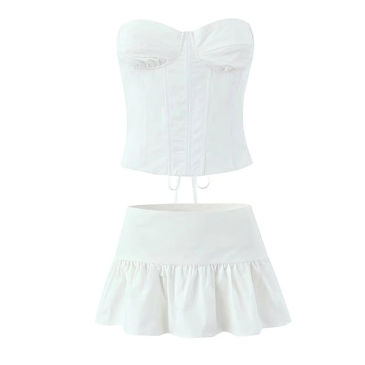 Fishbone waist cinched back strap corset camisole+low waist mini pleated skirt two-piece set