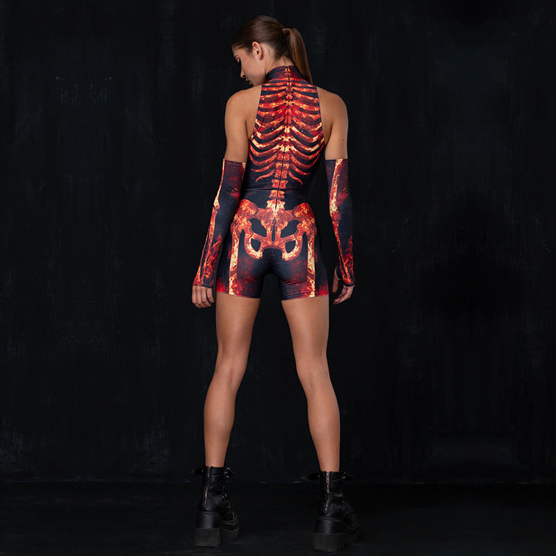 High neck  skull print hollowed out jumpsuit