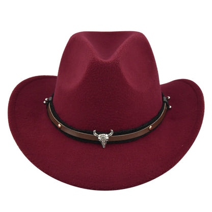 New European and American Cowhead Western Denim Hat Woolen British Jazz Hat Mens and Womens Famous Ethnic Style Big Eaves Hat
