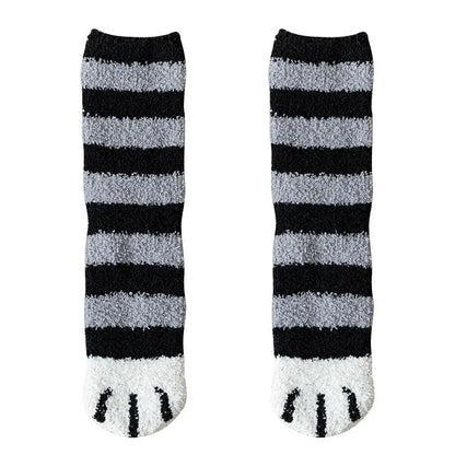Winter Fall Socks Women Kawaii Cat Claws Warm Thicken Coral Fleece Knee High Cute Girls Thermal Tube Sock Snow Floor Sleeping