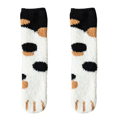 Winter Fall Socks Women Kawaii Cat Claws Warm Thicken Coral Fleece Knee High Cute Girls Thermal Tube Sock Snow Floor Sleeping