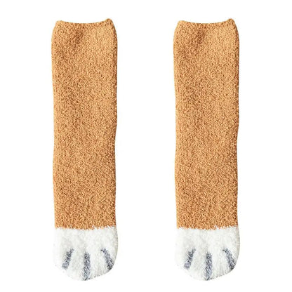 Winter Fall Socks Women Kawaii Cat Claws Warm Thicken Coral Fleece Knee High Cute Girls Thermal Tube Sock Snow Floor Sleeping