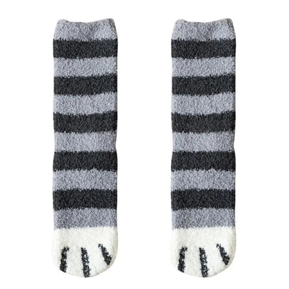 Winter Fall Socks Women Kawaii Cat Claws Warm Thicken Coral Fleece Knee High Cute Girls Thermal Tube Sock Snow Floor Sleeping