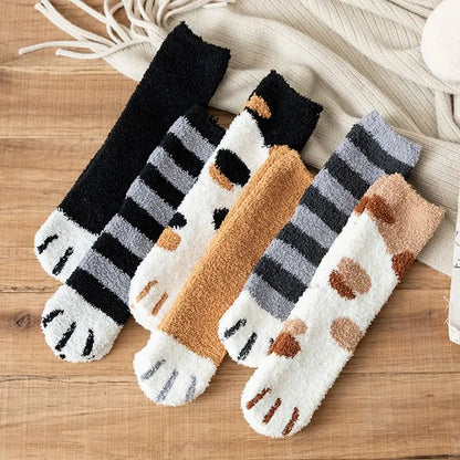 Winter Fall Socks Women Kawaii Cat Claws Warm Thicken Coral Fleece Knee High Cute Girls Thermal Tube Sock Snow Floor Sleeping