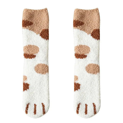 Winter Fall Socks Women Kawaii Cat Claws Warm Thicken Coral Fleece Knee High Cute Girls Thermal Tube Sock Snow Floor Sleeping