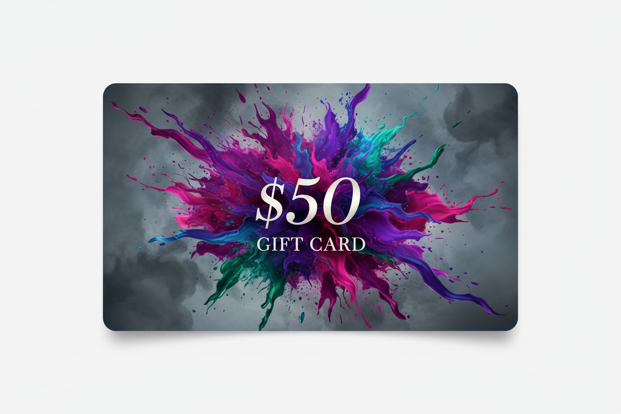 Gift card image $50, popping colors, smokey background, delicate text